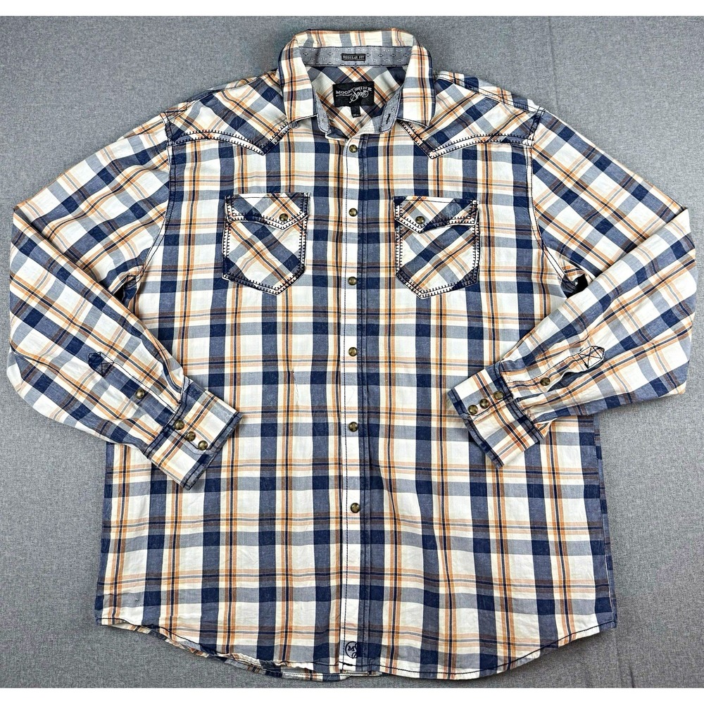 Moonshine Spirit Mens XL Regular Fit Blue Brown Plaid Button-Up Pocket Shirt
